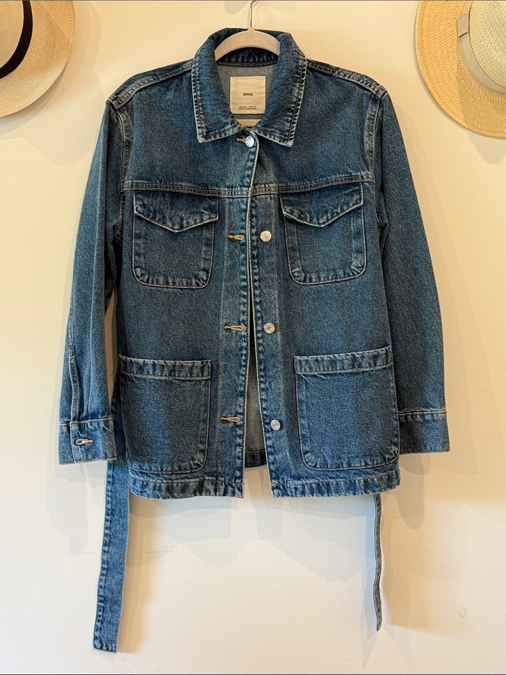 Mango 100% Cotton Denim Jacket with Belt — Size S — NWOT